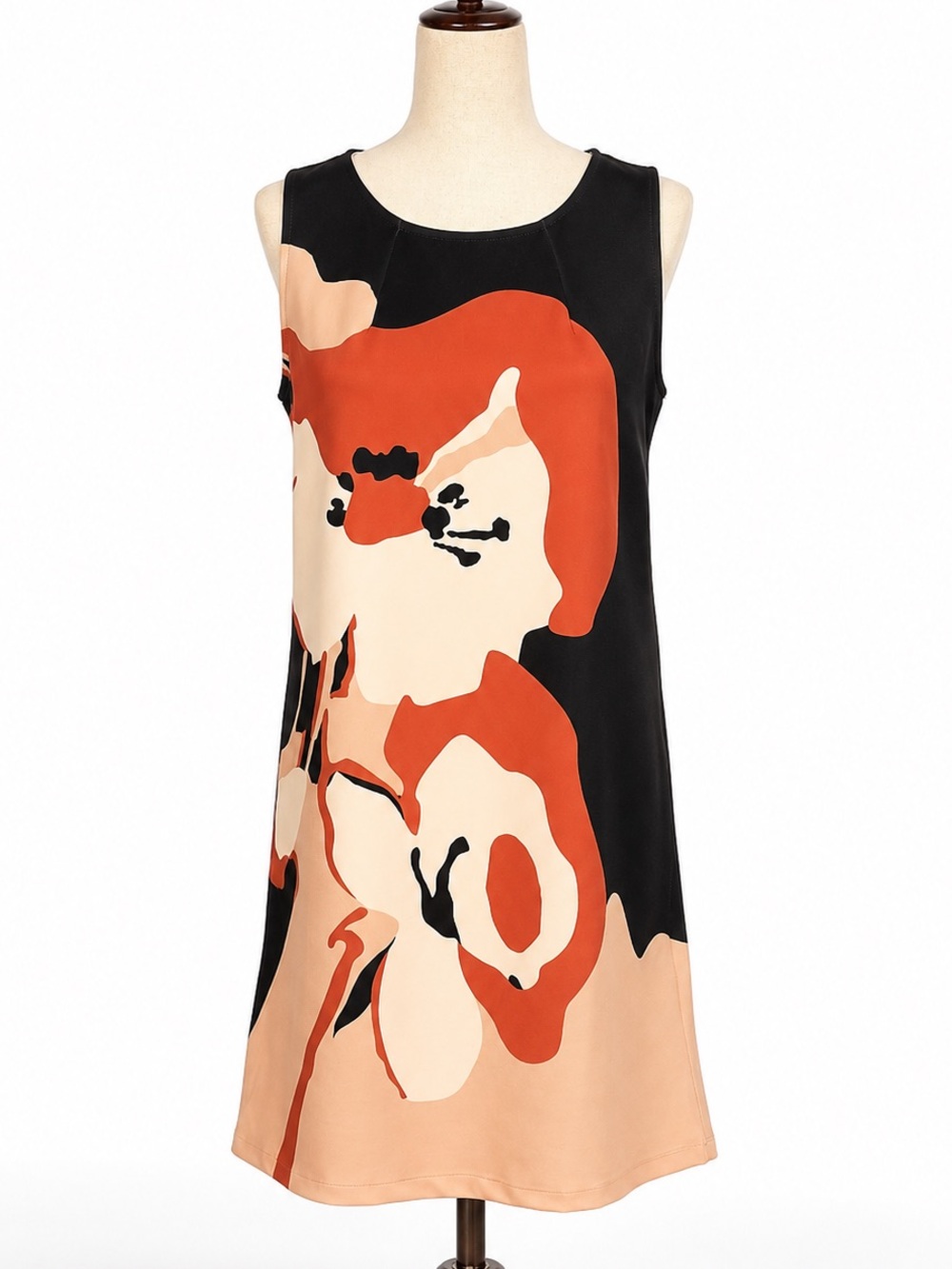 Isle bold floral shift dress.  Peach, red, black.  Modern, retro- S